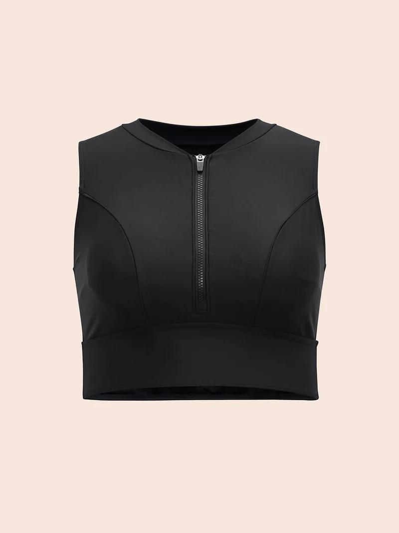 Glide Lock Zipper Plain Fitted Swim Top