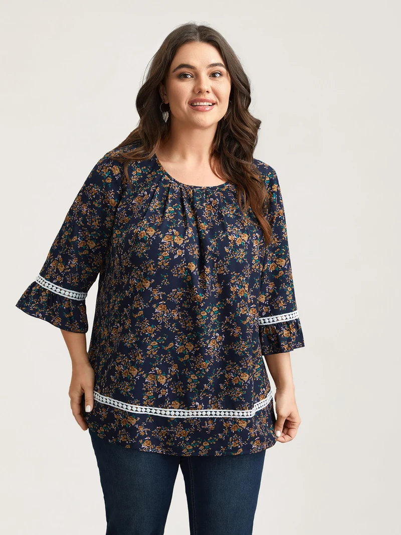 Floral Print Lace Paneled Gathered Shirt