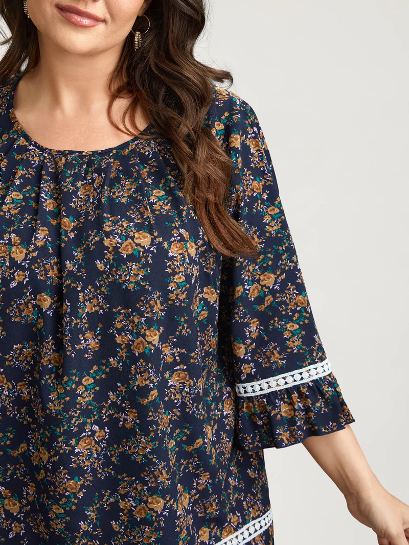 Floral Print Lace Paneled Gathered Shirt