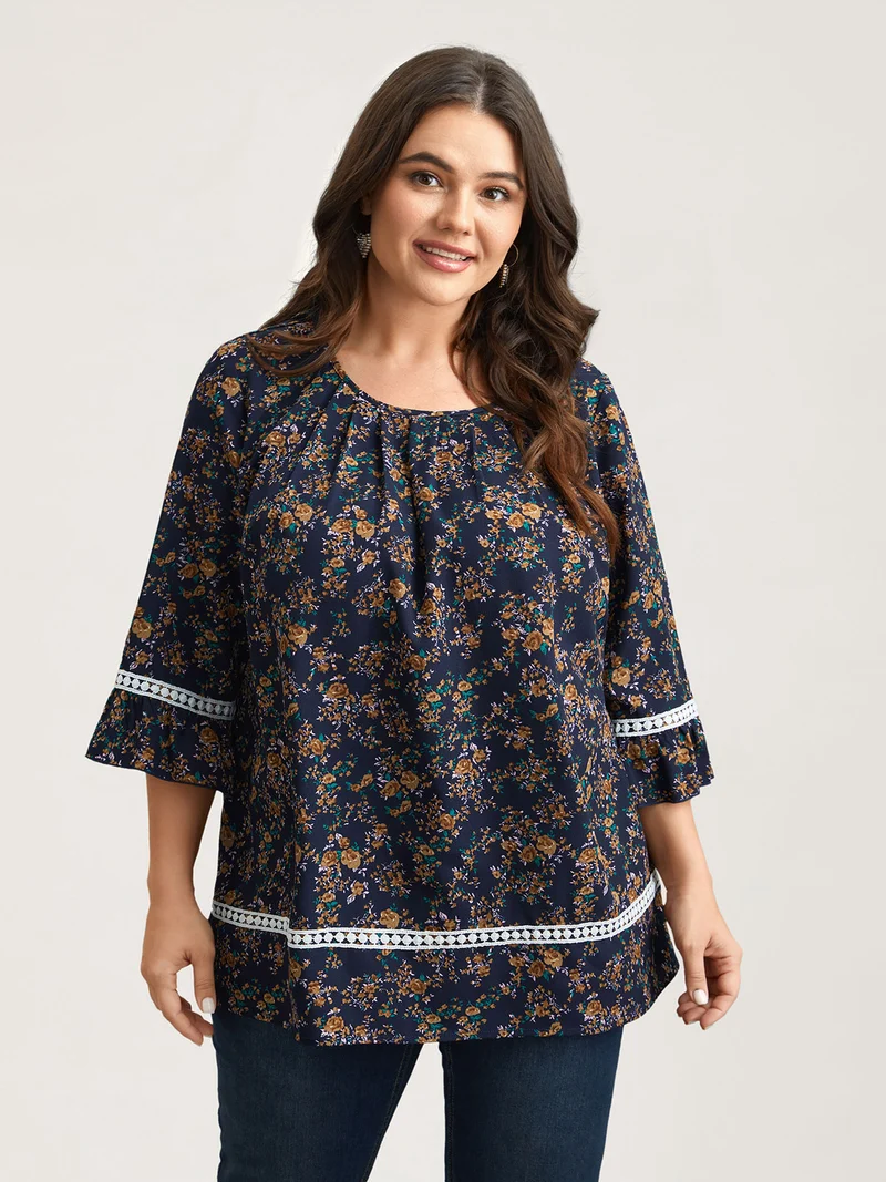 Floral Print Lace Paneled Gathered Shirt