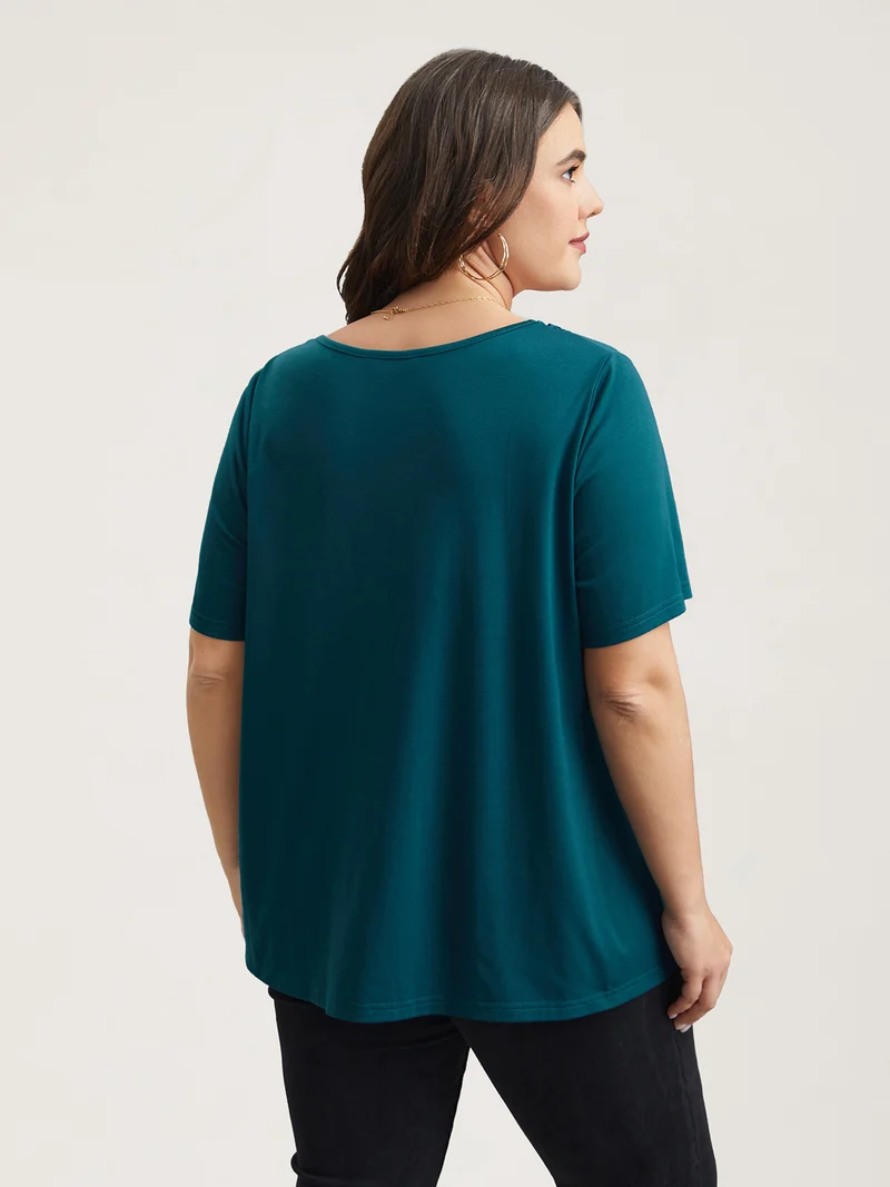 Lace Trim Pleated Round Neck T-Shirt