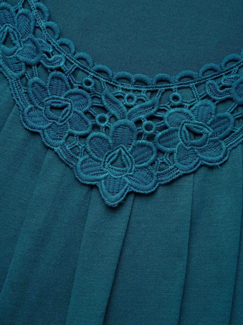 Lace Trim Pleated Round Neck T-Shirt