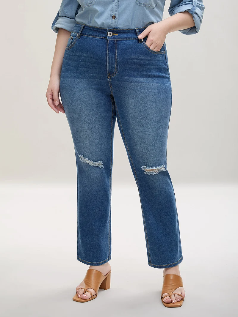 Ripped Mid-Rise Straight-Leg Jeans