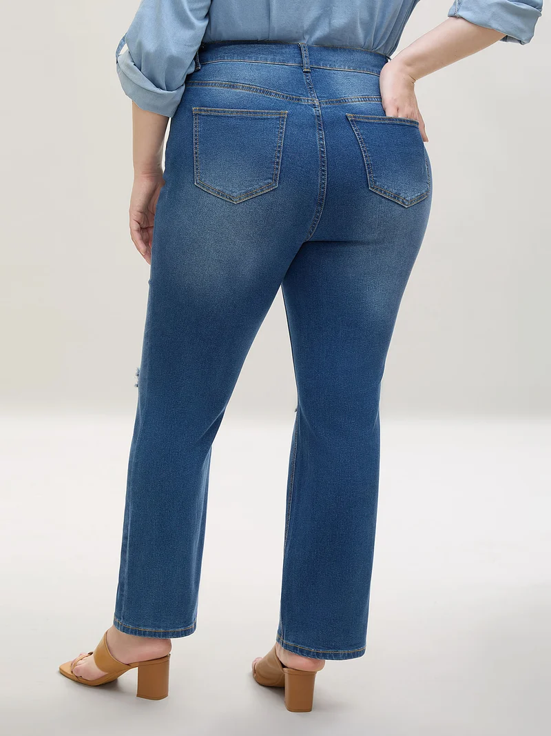 Ripped Mid-Rise Straight-Leg Jeans