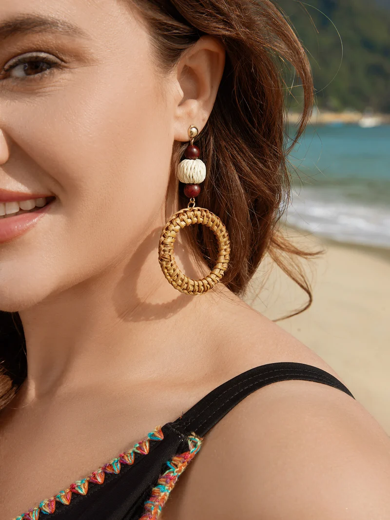 Straw Hoops Beaded Drop Earrings
