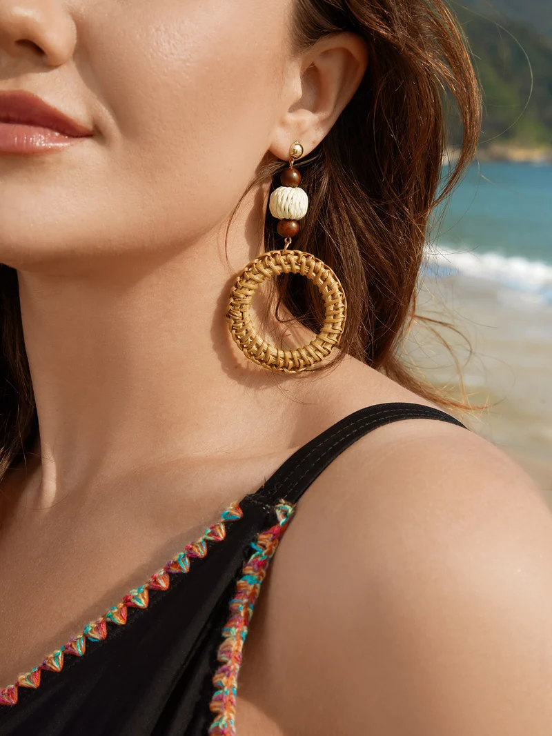 Straw Hoops Beaded Drop Earrings
