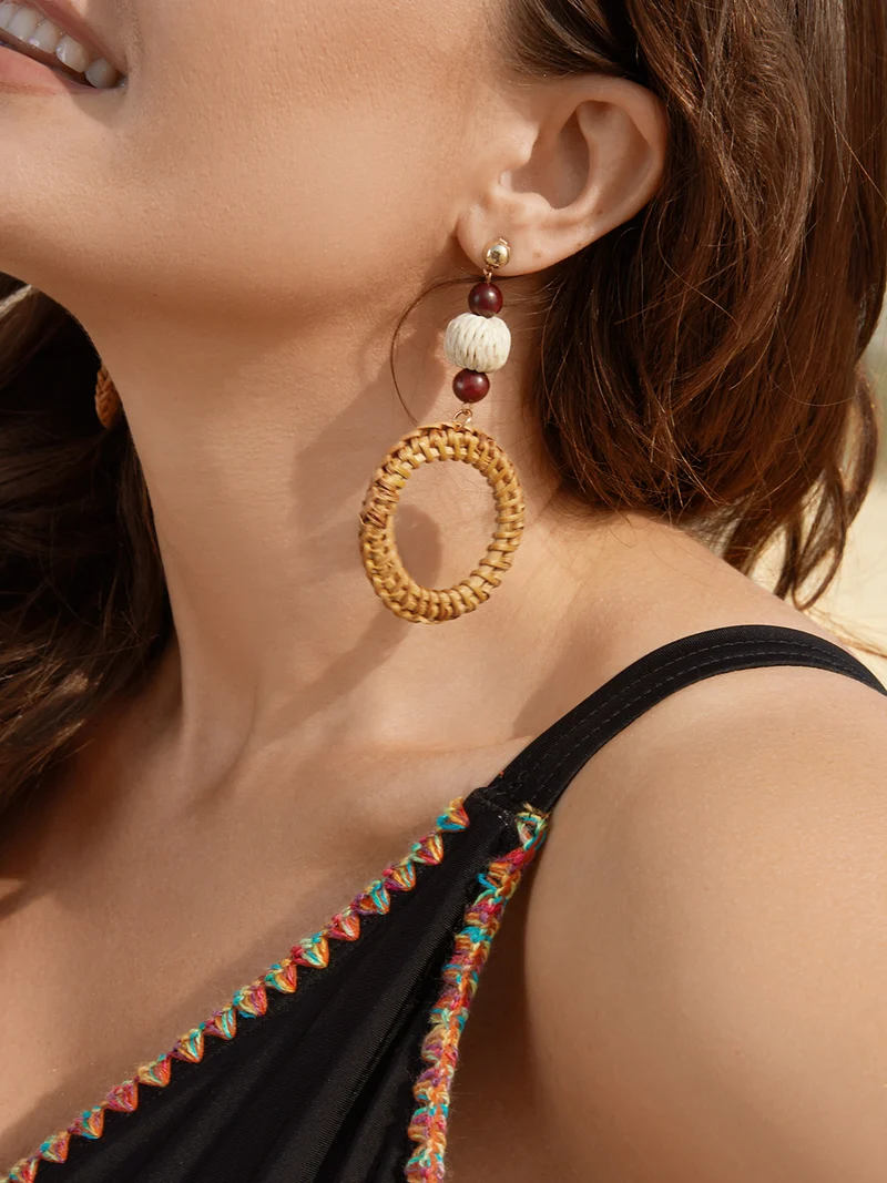 Straw Hoops Beaded Drop Earrings