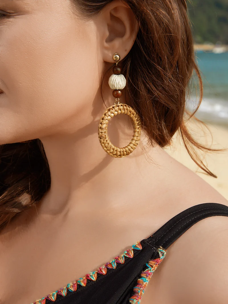 Straw Hoops Beaded Drop Earrings