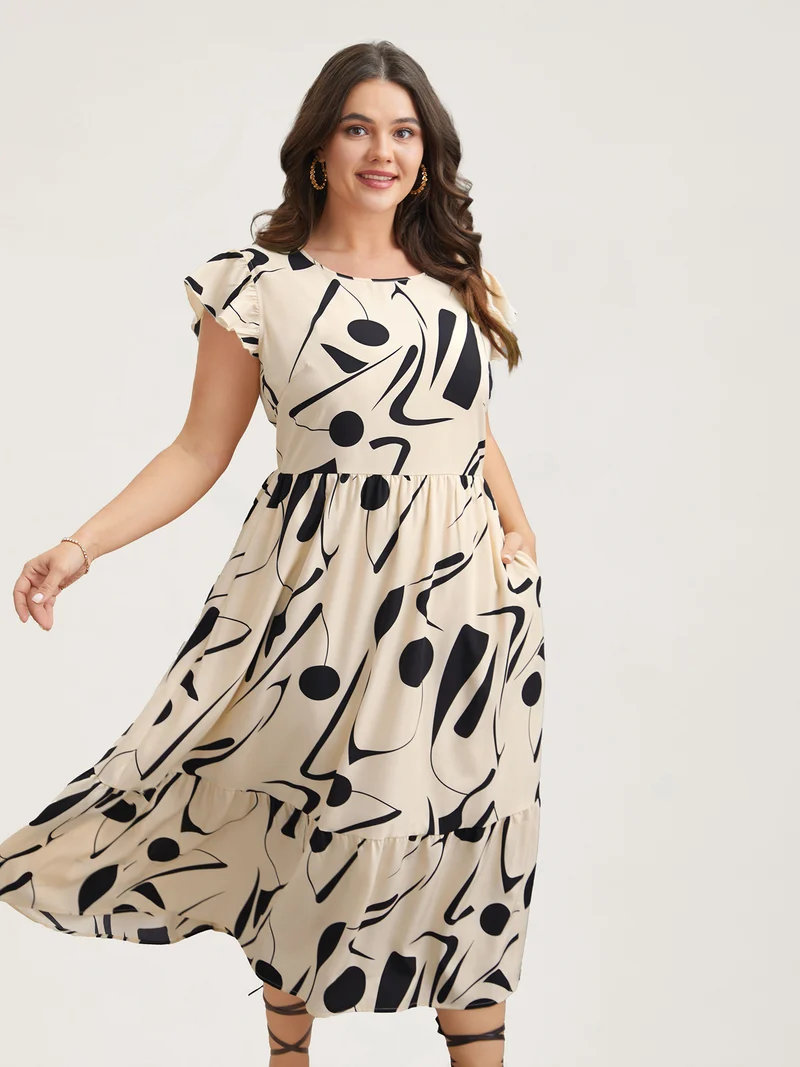 Geometric Print Flutter Sleeve Tiered Midi Dress