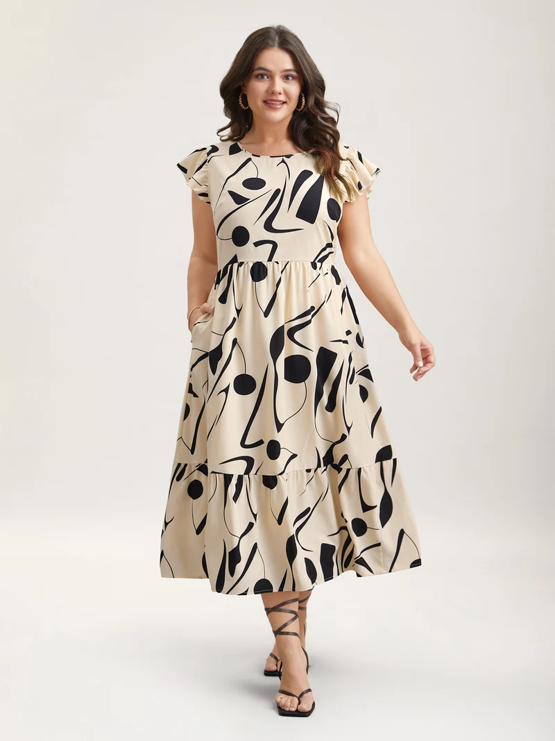 Geometric Print Flutter Sleeve Tiered Midi Dress