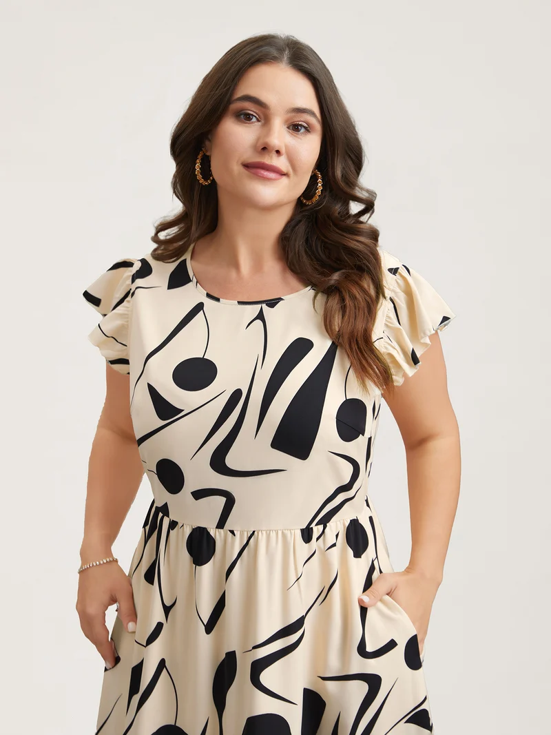 Geometric Print Flutter Sleeve Tiered Midi Dress