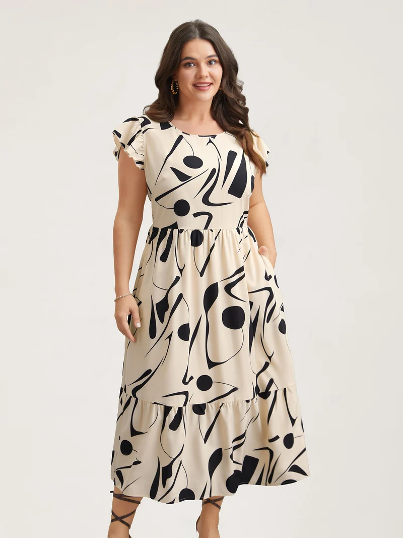 Geometric Print Flutter Sleeve Tiered Midi Dress