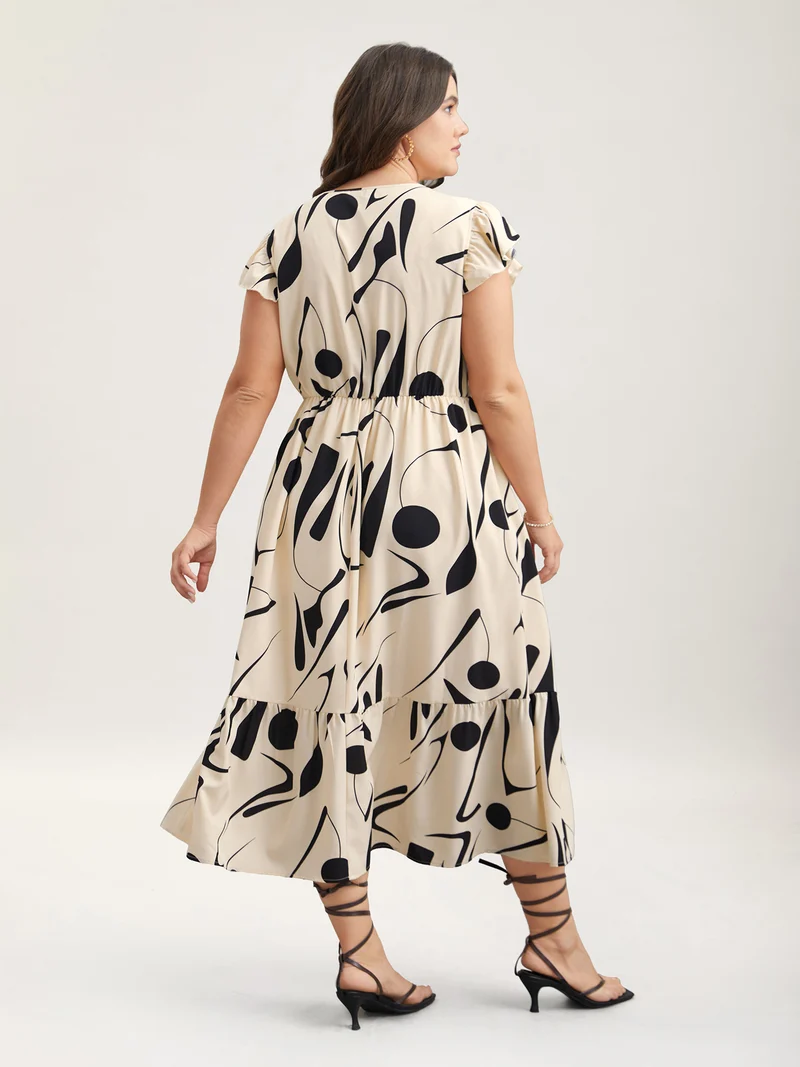 Geometric Print Flutter Sleeve Tiered Midi Dress