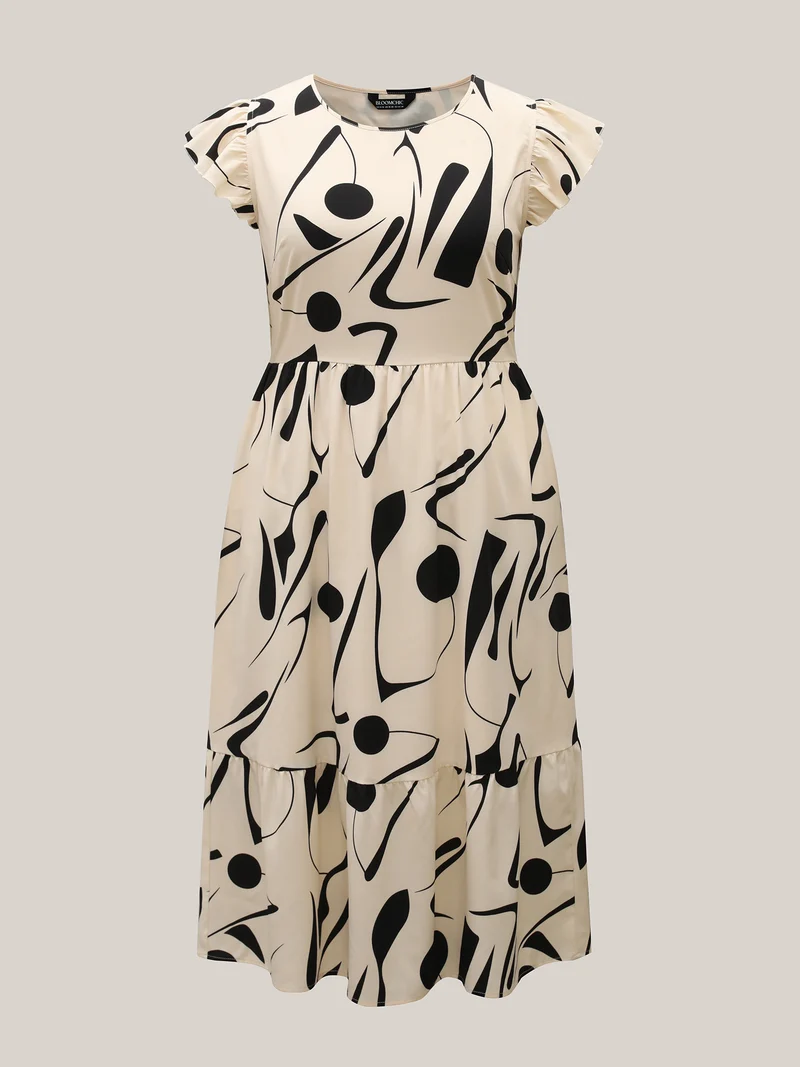 Geometric Print Flutter Sleeve Tiered Midi Dress