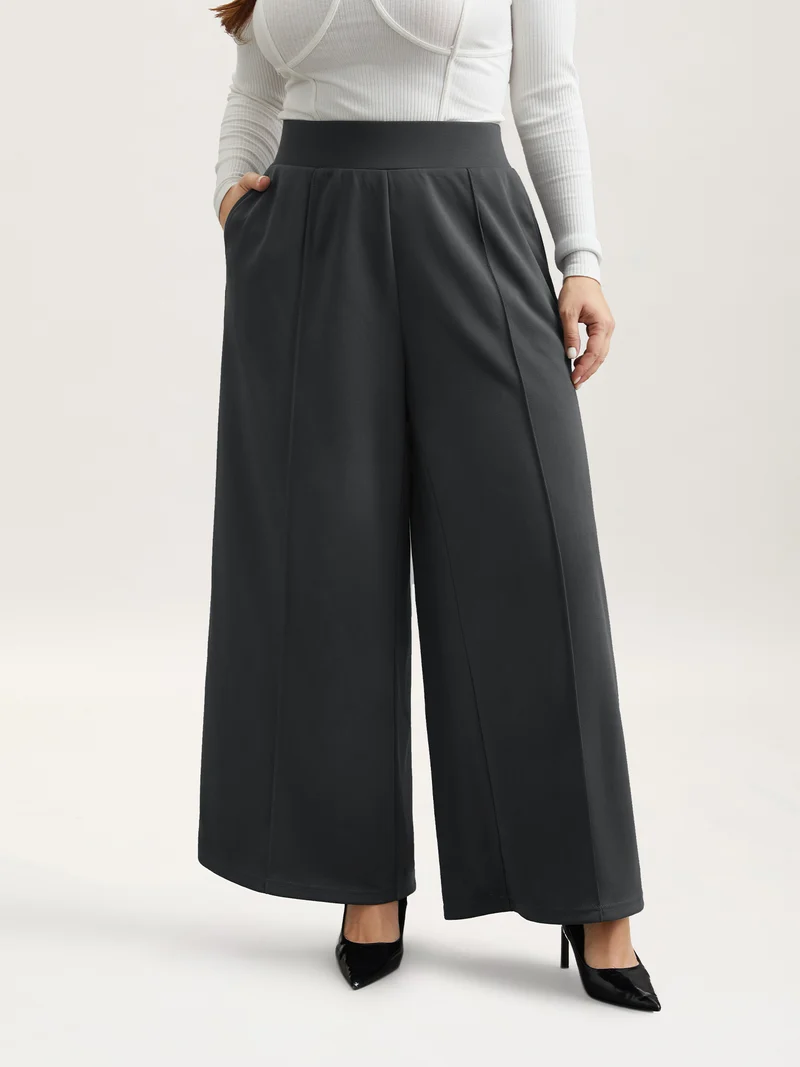 Ruched Tummy-Control Seamed Wide Leg Pants