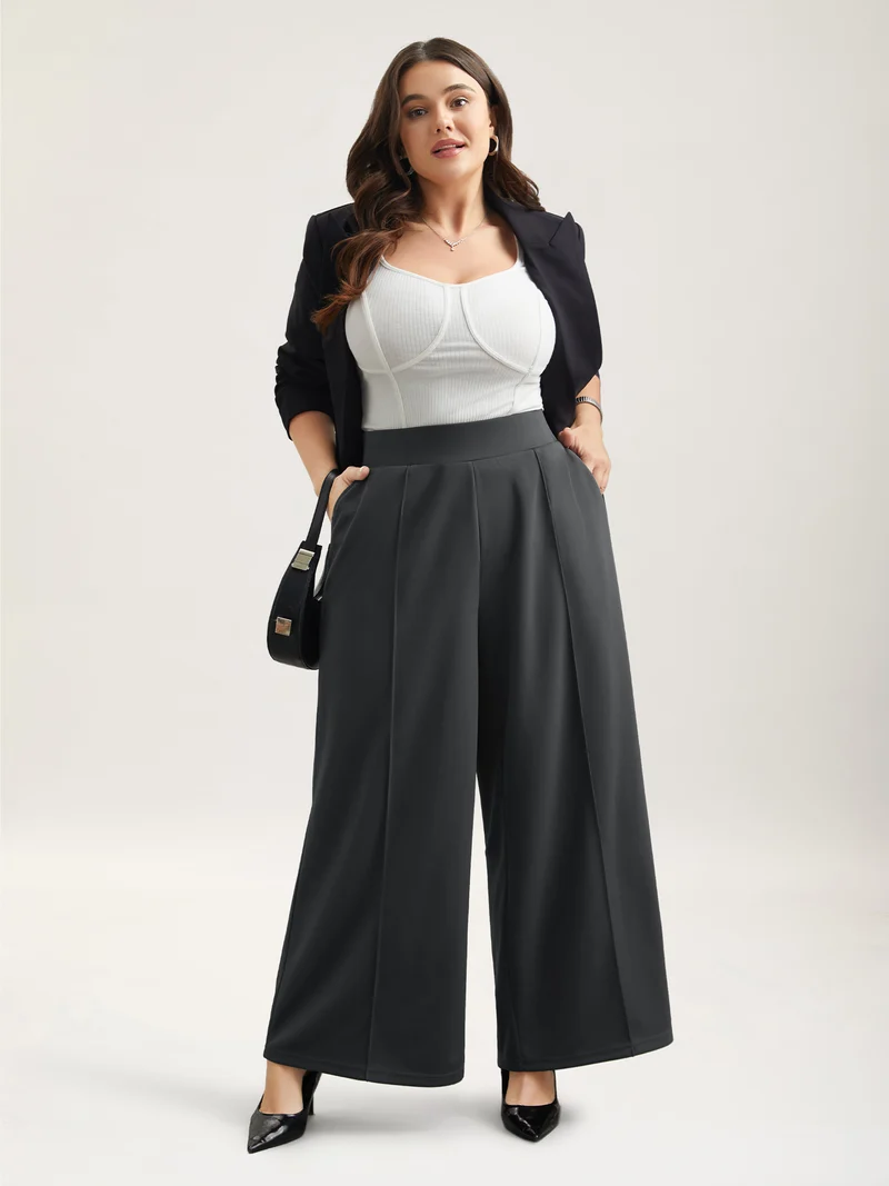 Ruched Tummy-Control Seamed Wide Leg Pants