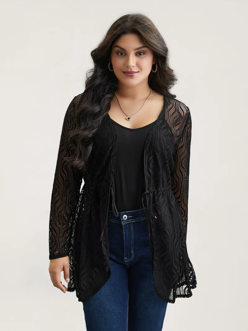 Textured Sheer Drawstring Curved Kimono