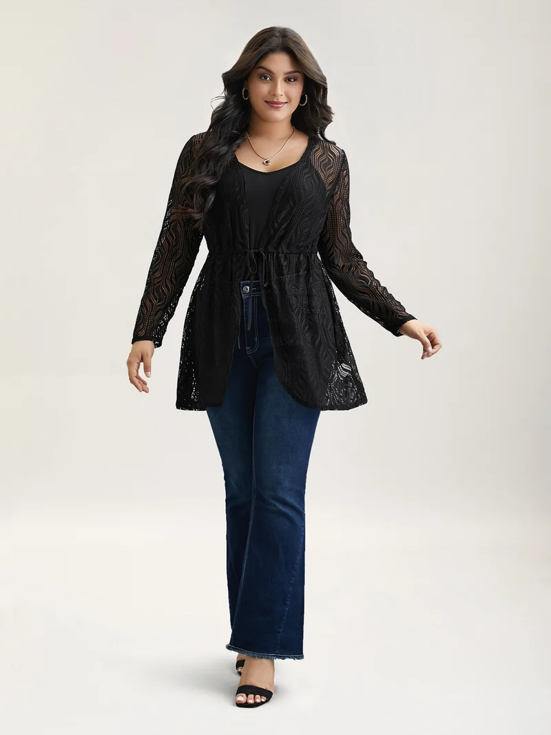 Textured Sheer Drawstring Curved Kimono