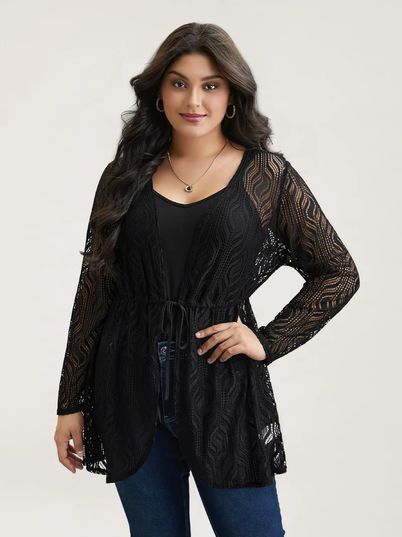 Textured Sheer Drawstring Curved Kimono