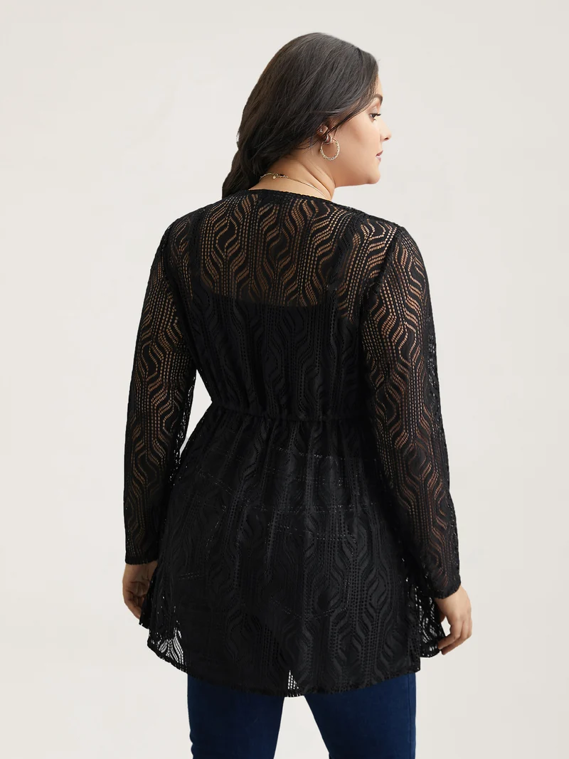 Textured Sheer Drawstring Curved Kimono