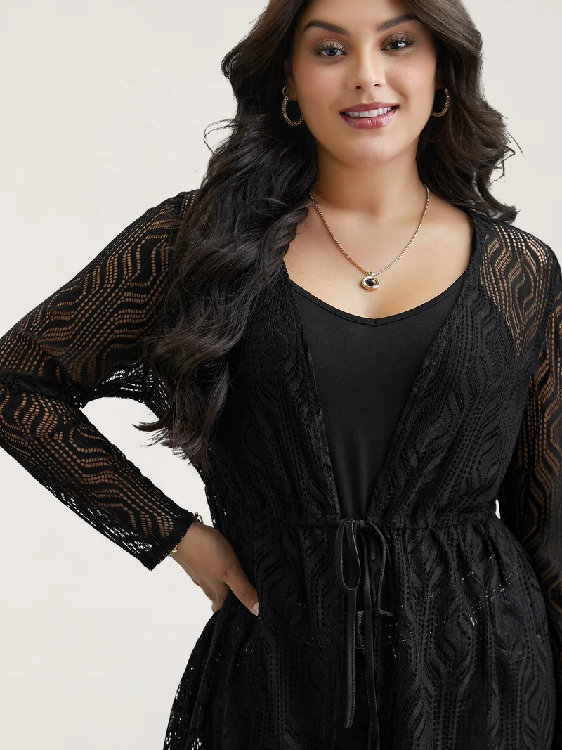 Textured Sheer Drawstring Curved Kimono