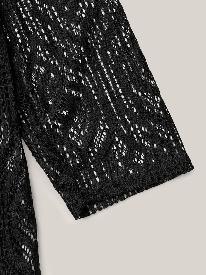 Textured Sheer Drawstring Curved Kimono