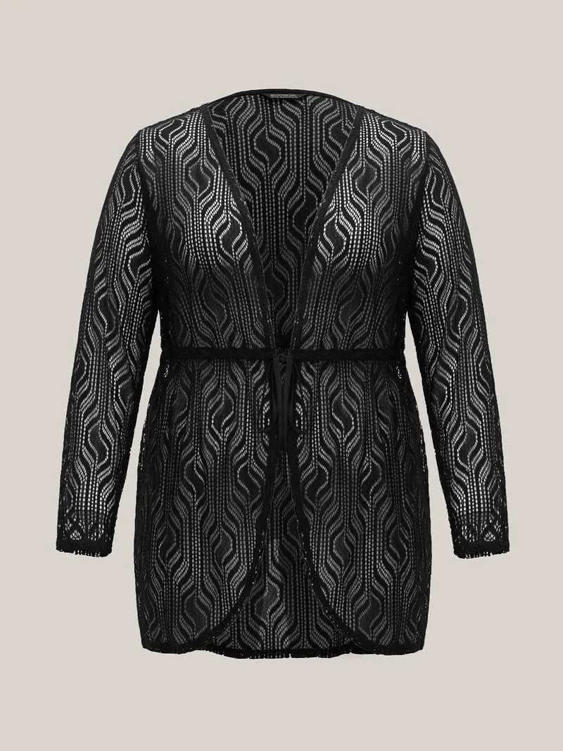 Textured Sheer Drawstring Curved Kimono