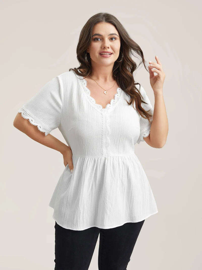 Scalloped Lace Textured Sheer Flared Shirt