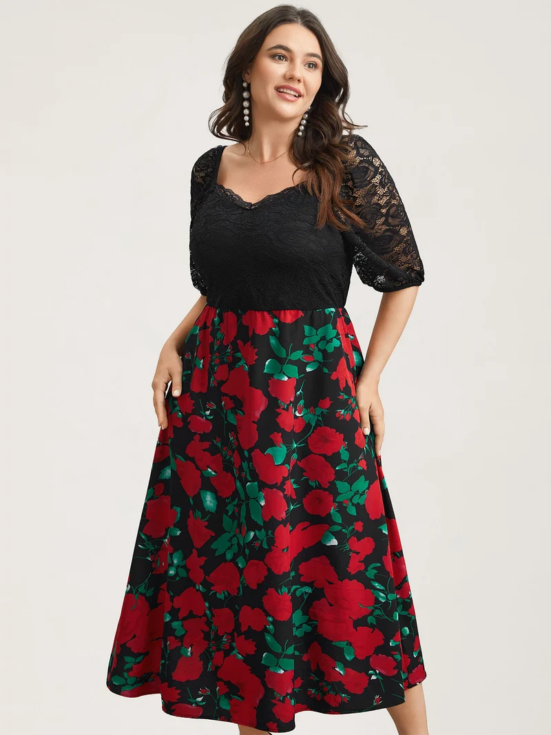 Mix Print Sheer Lace Sleeve Maxi Dress