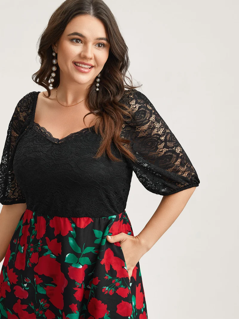 Mix Print Sheer Lace Sleeve Maxi Dress