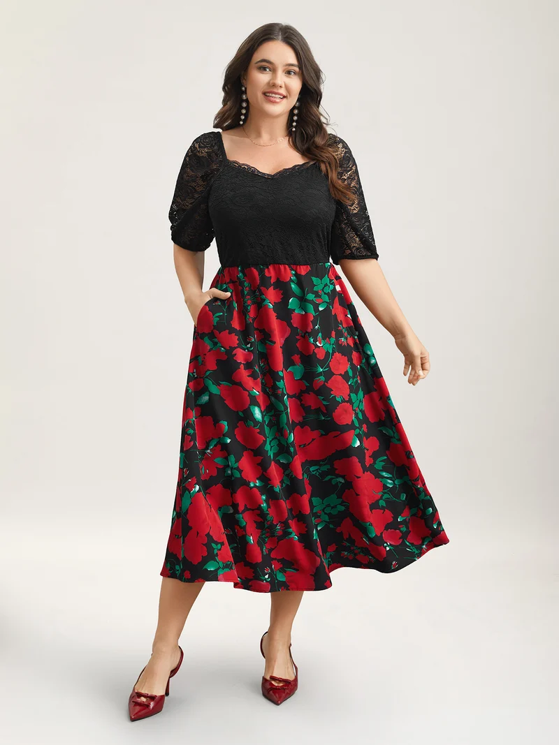 Mix Print Sheer Lace Sleeve Maxi Dress