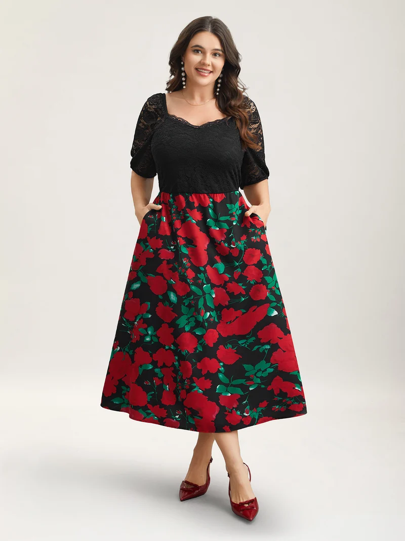 Mix Print Sheer Lace Sleeve Maxi Dress