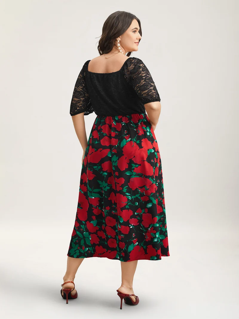 Mix Print Sheer Lace Sleeve Maxi Dress