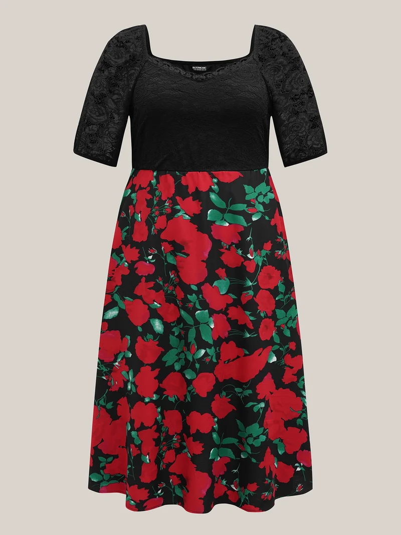 Mix Print Sheer Lace Sleeve Maxi Dress