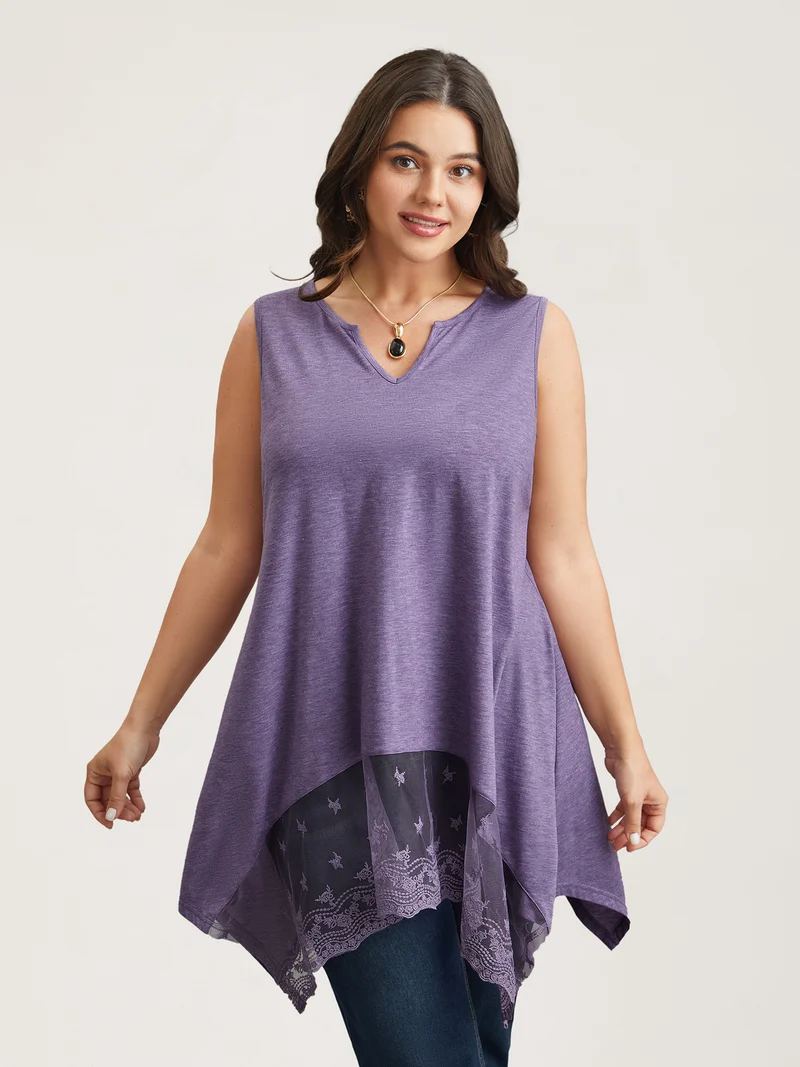Notched Collar Sheer Lace Hi-Low Hem Vest