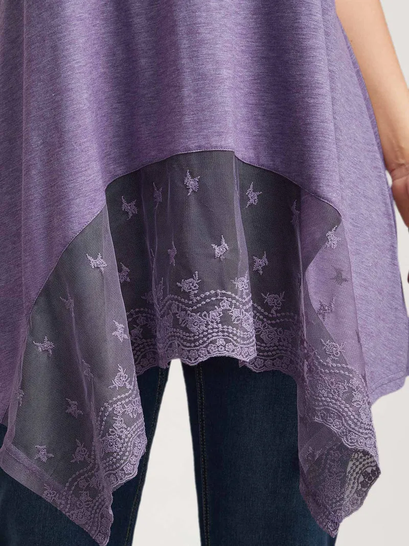 Notched Collar Sheer Lace Hi-Low Hem Vest