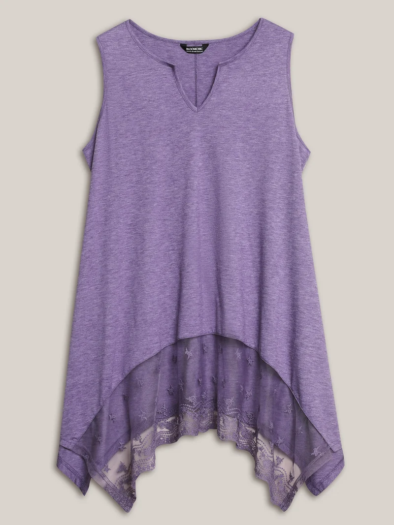 Notched Collar Sheer Lace Hi-Low Hem Vest