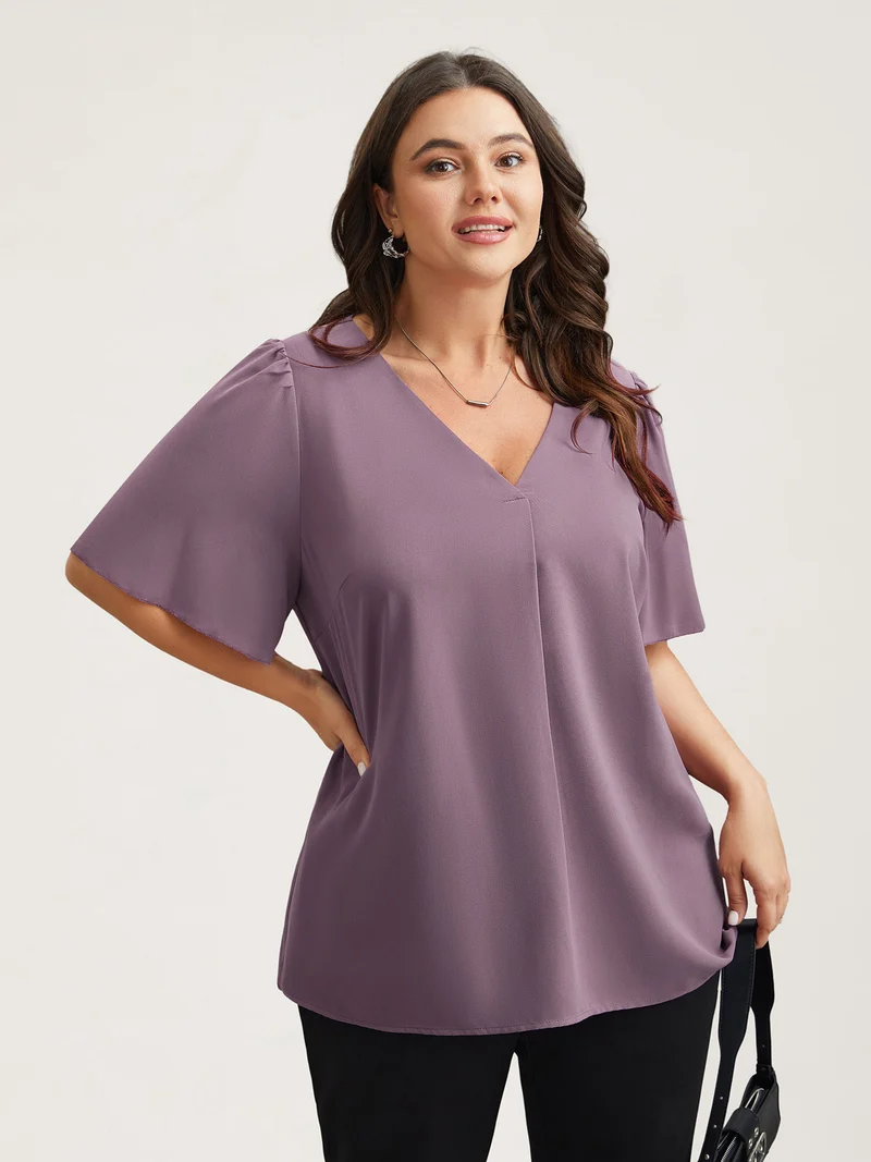 Pleated-Front Flutter Sleeve Shirt