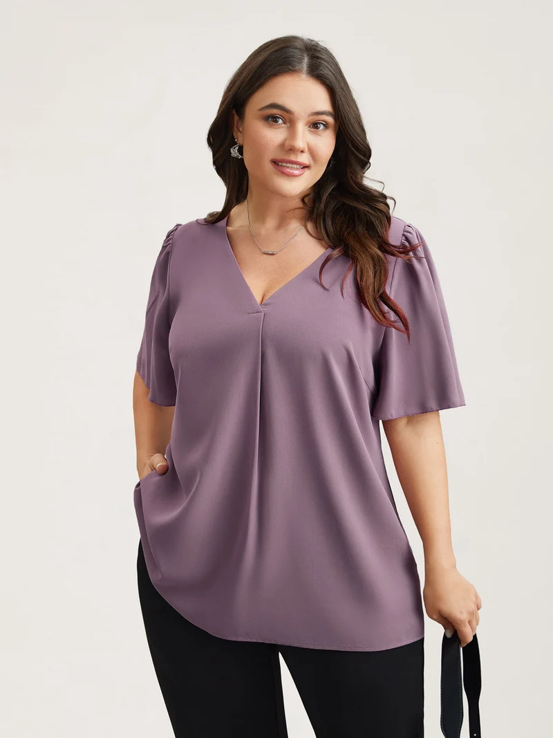 Pleated-Front Flutter Sleeve Shirt