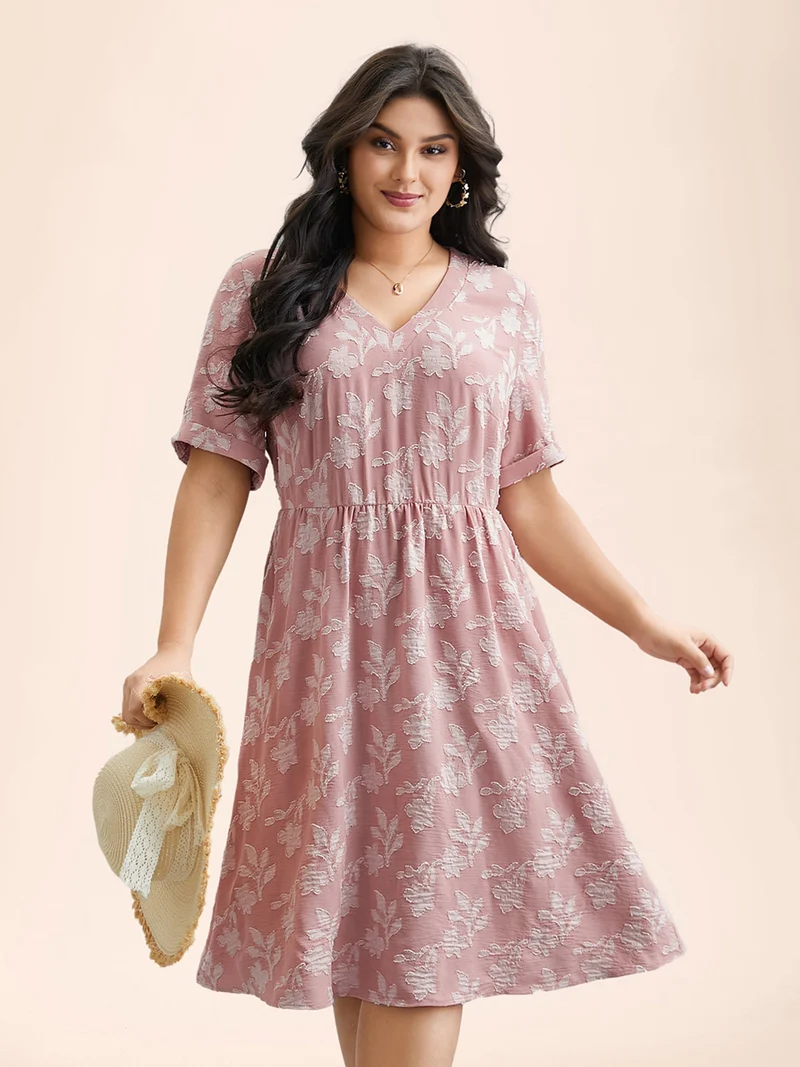 V-Neck Floral Textured Pockets Dress