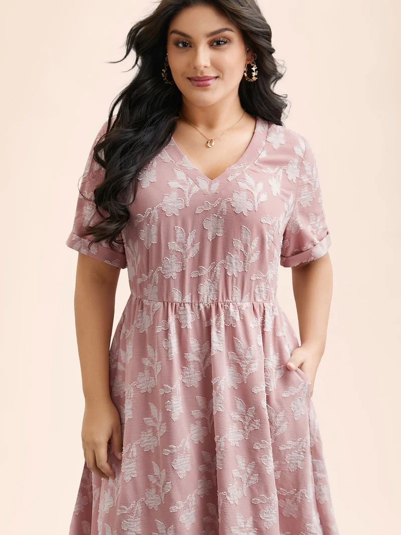 V-Neck Floral Textured Pockets Dress