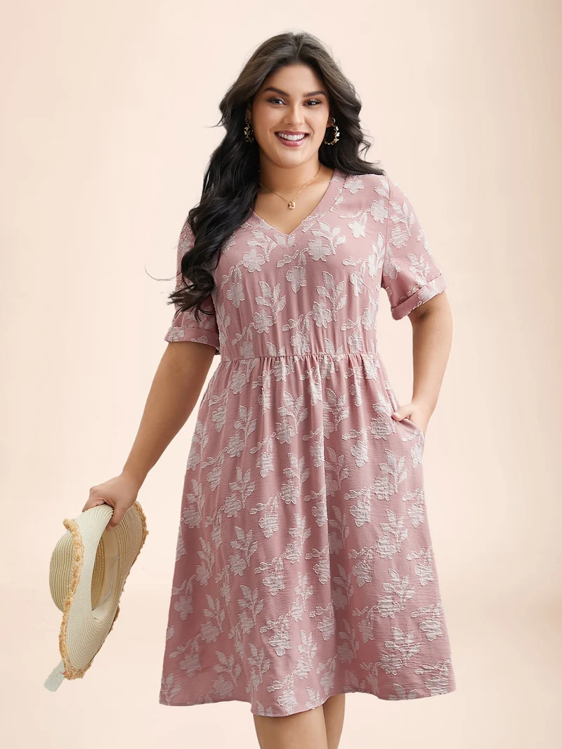 V-Neck Floral Textured Pockets Dress