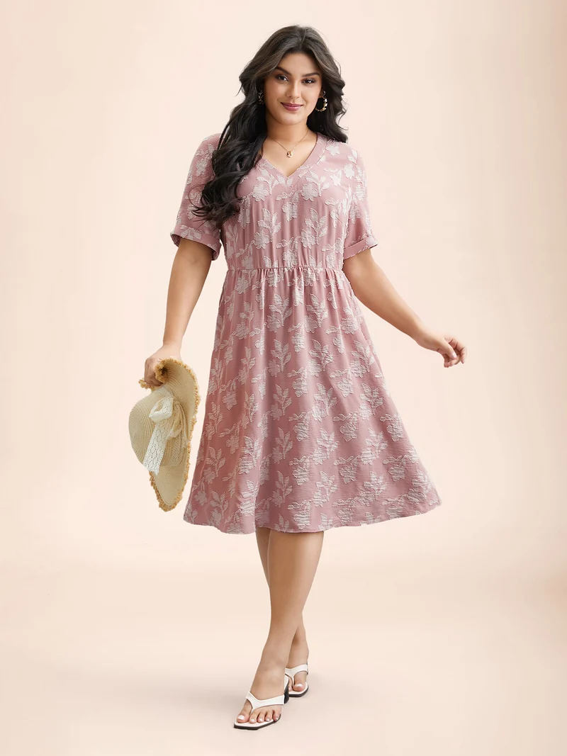 V-Neck Floral Textured Pockets Dress