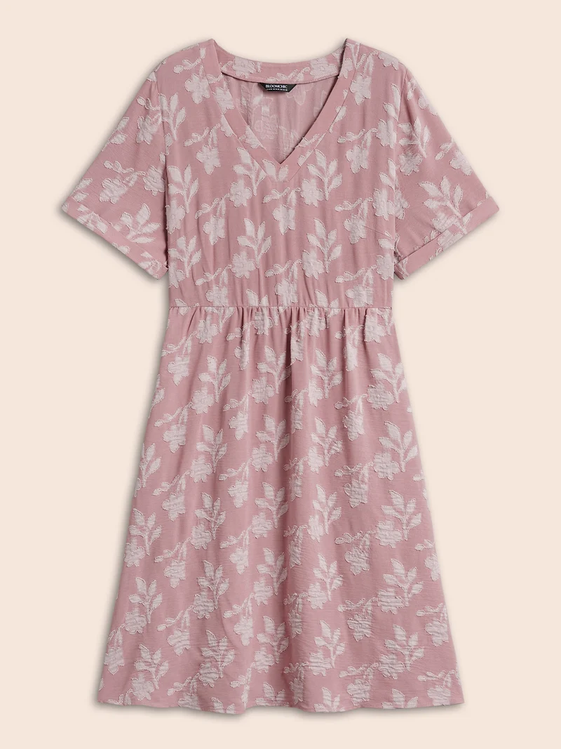 V-Neck Floral Textured Pockets Dress