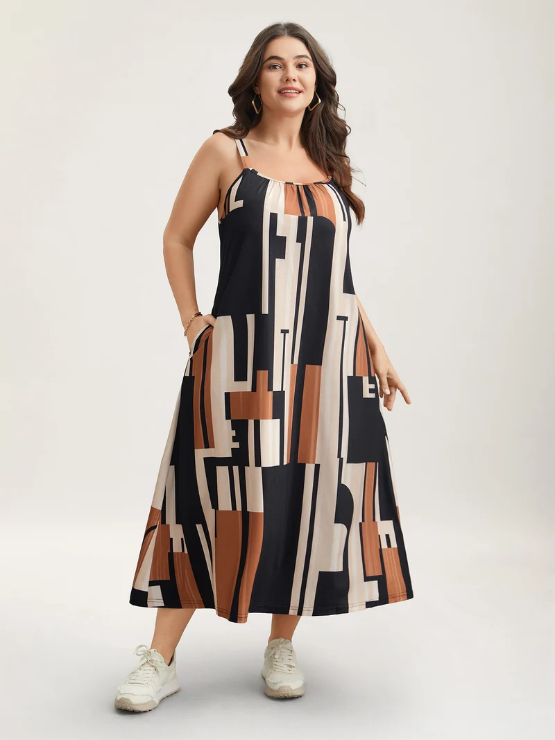 Abstract Print Pockets Cami Midi Dress