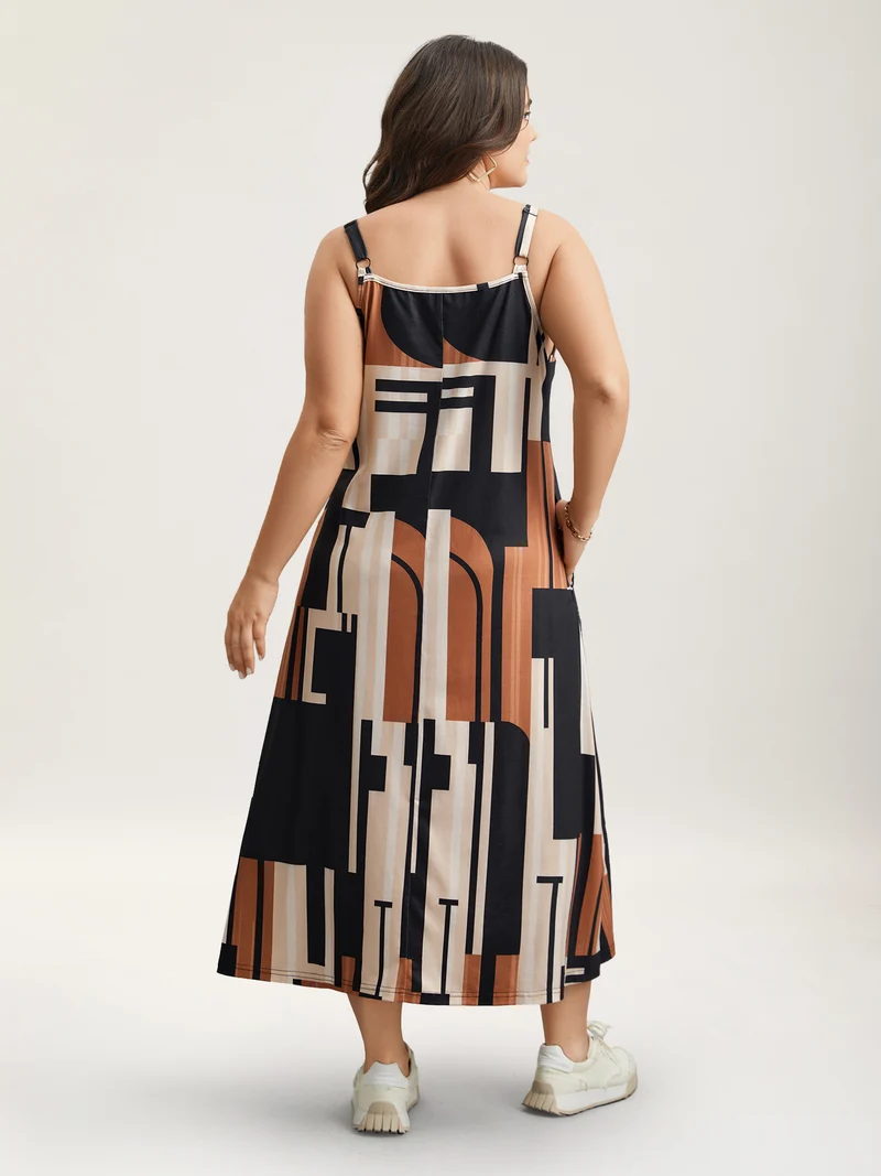 Abstract Print Pockets Cami Midi Dress