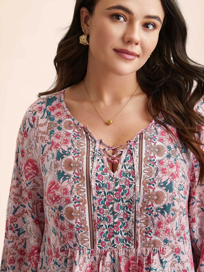 Floral Print Neck-Tie Pleated Blouse