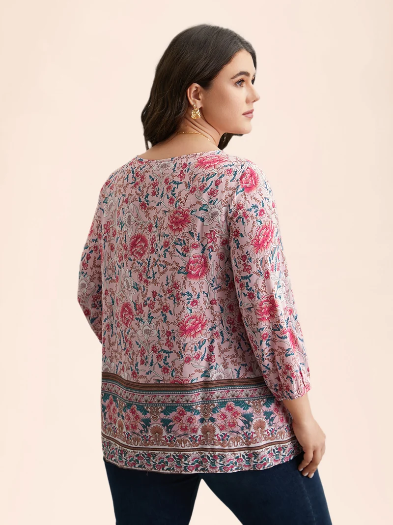 Floral Print Neck-Tie Pleated Blouse