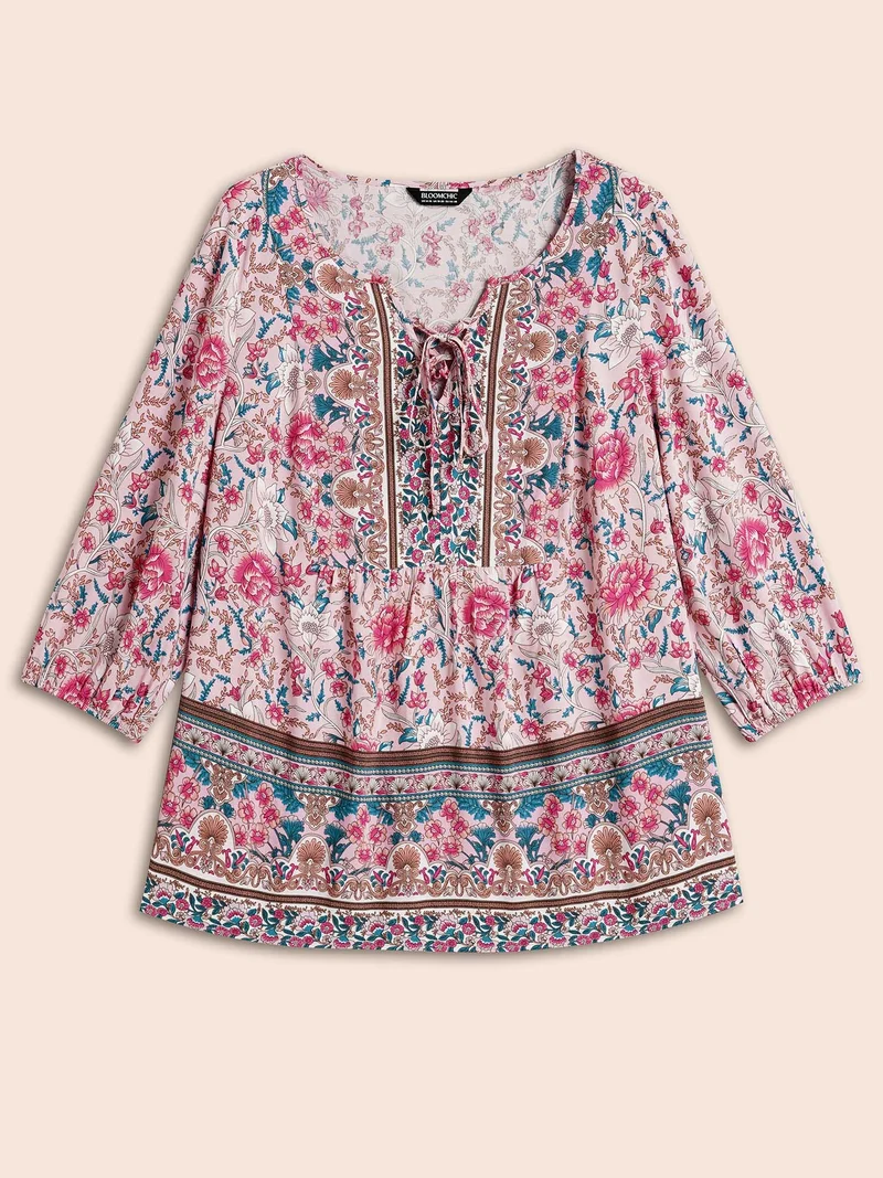 Floral Print Neck-Tie Pleated Blouse