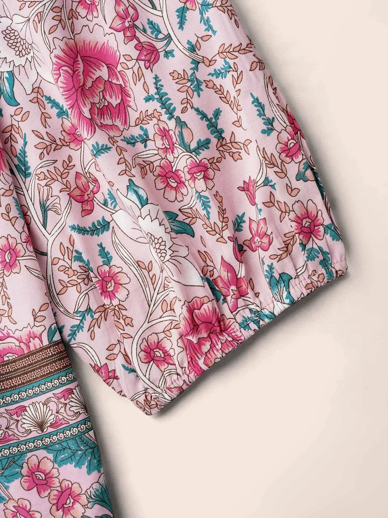Floral Print Neck-Tie Pleated Blouse
